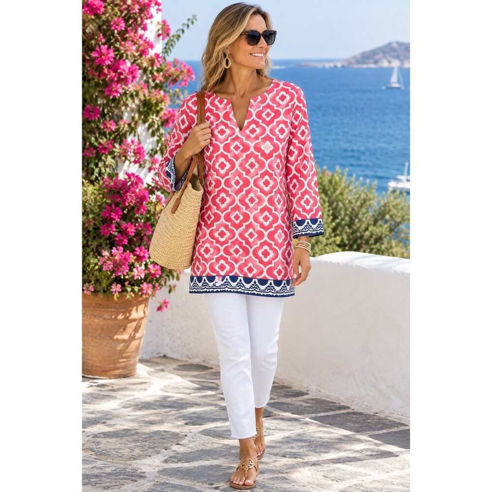 Barbara Gerwit Tunic Womens XL Pink White Blouse Block Print Coastal Beach New